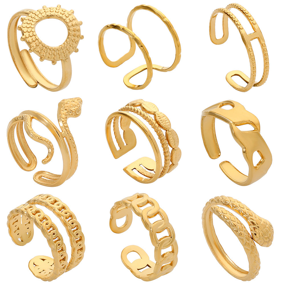 Anello da donna regolabile geometrico minimalista in acciaio inossidabile con design cavo e finitura placcata