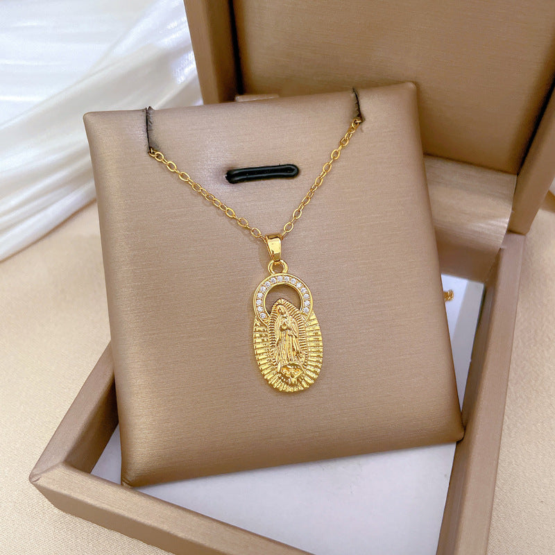 Collar con colgante geométrico de luna de acero de titanio de lujo para mujer con incrustaciones de diamantes de imitación y delicada cadena de clavícula