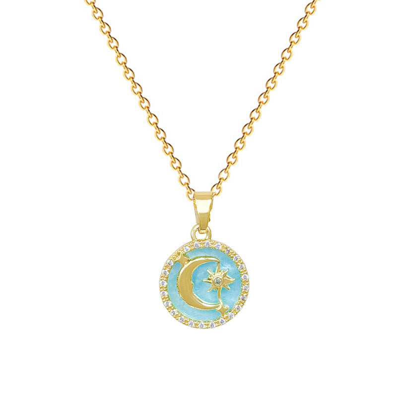 Sweet Minimalist Round Star Moon Geometric Rhinestone Titanium Steel Necklace Unisex Cable Chain