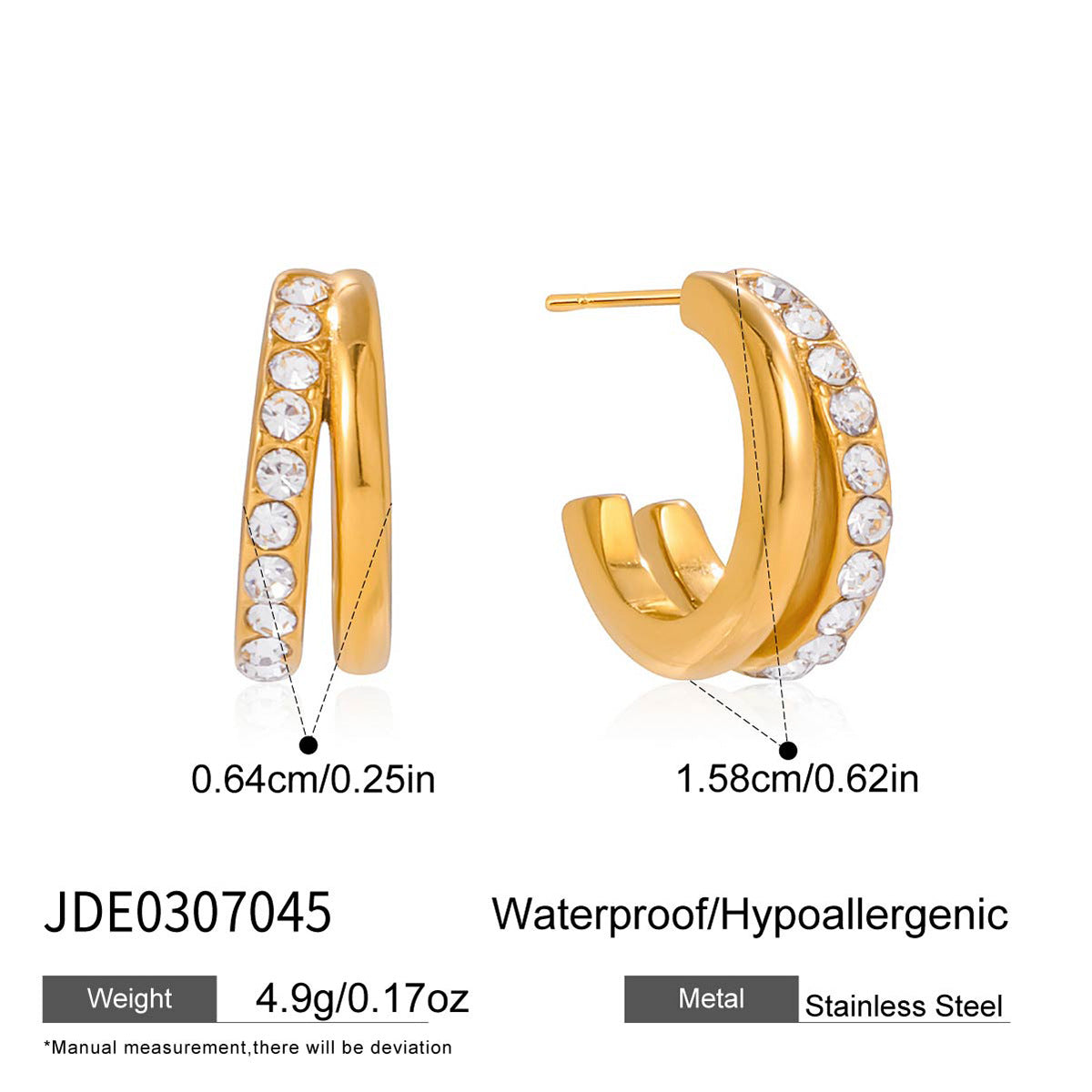 Orecchini Geometrici a C in Acciaio Titanio con Strass, Orecchini a Clip in Acciaio Inossidabile Placcato per Donna