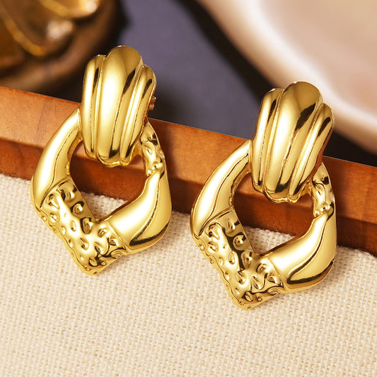 Vintage Luxury Irregular Geometric Textured Stainless Steel Stud Earrings for Women