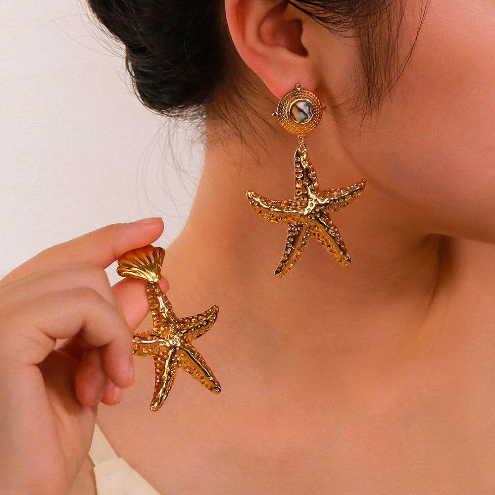 Minimalist Ocean-Inspired Stainless Steel Gold-Plated Star and Asymmetrical Shell Earrings for Women