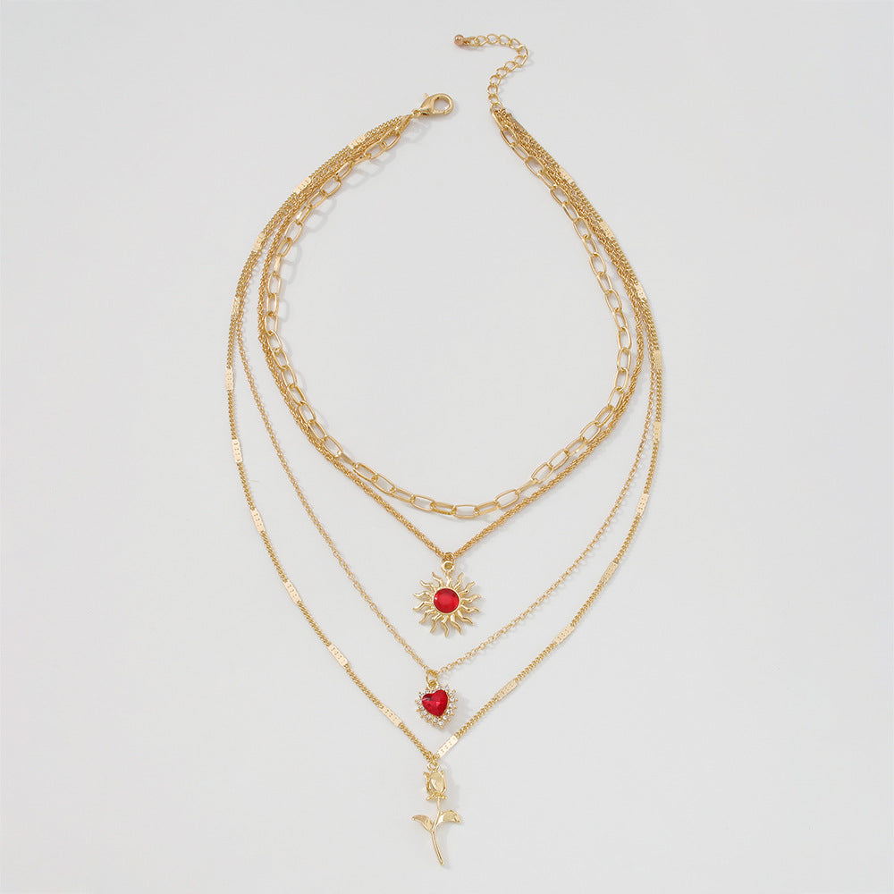 Collana Girocollo Floreale Cuore con Sole Retrò da Donna con Intarsio di Strass in Lega, Design Geometrico, Finitura Placcata