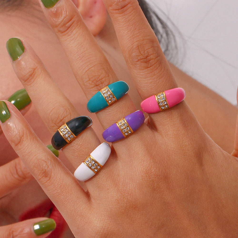 Minimalist Geometric Stainless Steel Ring with 18K Gold Plating and Enamel Finish for Women