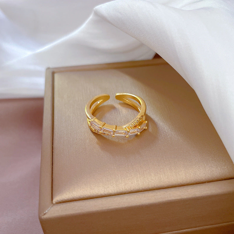 Minimalist Cold-Tone Open Ring with Gold-Plated Brass Band and Full Zircon Inlay for Women
