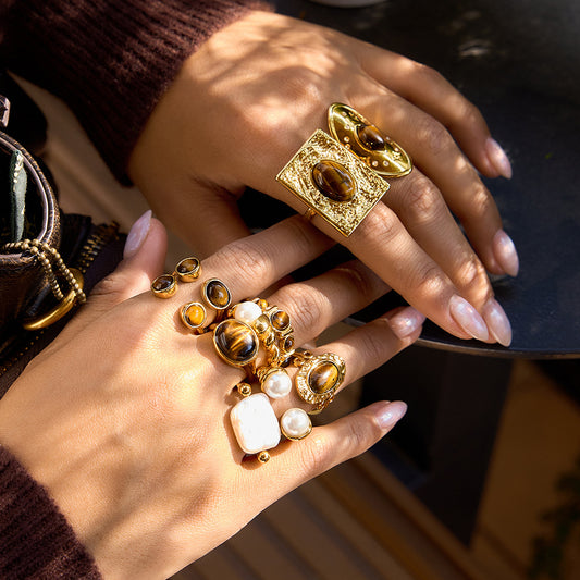 Fashion Geometric Round Tiger's Eye Stainless Steel Ring with 18K Gold PVD Finish for Women