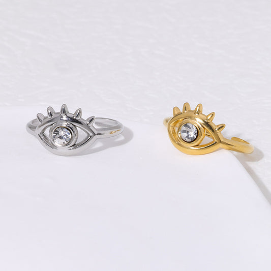 Anello da donna in acciaio inossidabile, minimalista e alla moda, aperto, con occhio accentato da strass