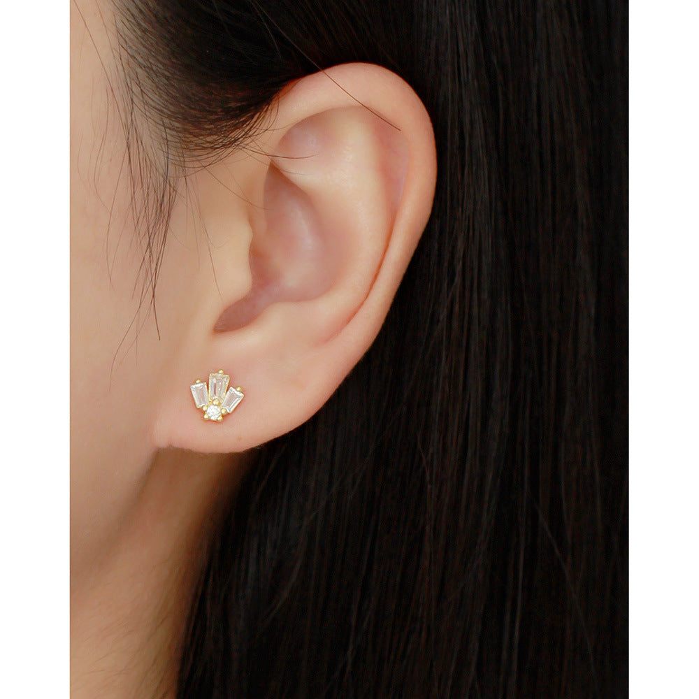 925 Sterling Silver Geometric Square Cubic Zirconia Threaded Cartilage Stud Earrings for Women