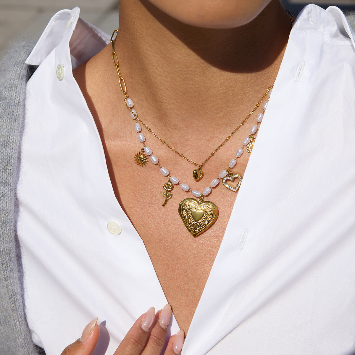 Collana Pendente a Cuore Casual in Acciaio Inossidabile con Finitura Placcata da Donna