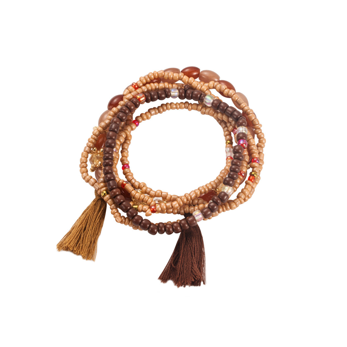 Bracciale con nappine in stile etnico con base in lega e perline fatte a mano da donna