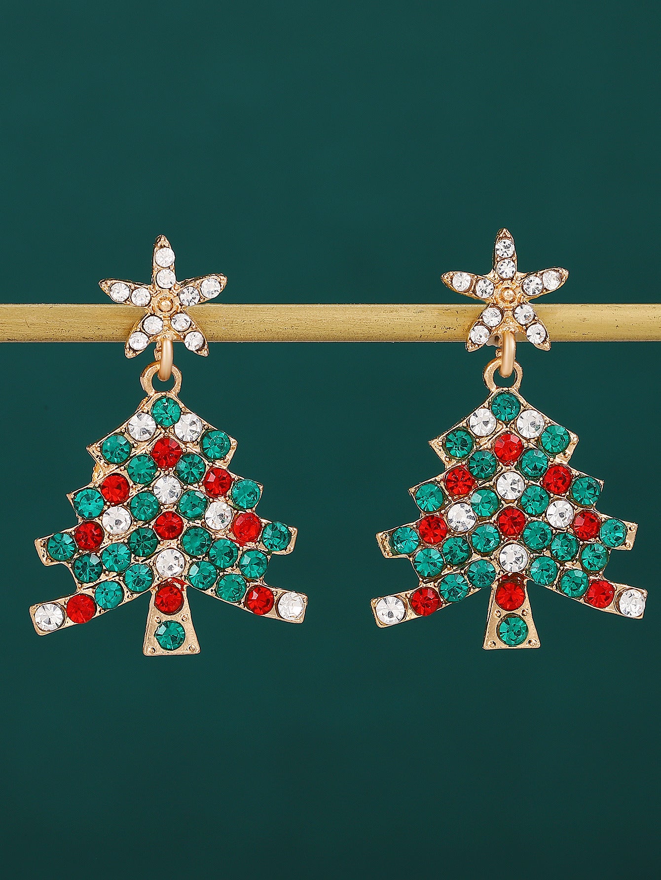 Pendientes de botón minimalistas de árbol de Navidad para mujer con incrustaciones de diamantes de imitación en aleación bañada en oro