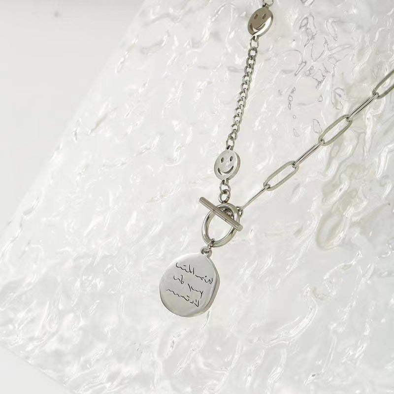 Minimalist Geometric Smiley Face Pendant Necklace for Women Stainless Steel Locket Chain with Plated Finish