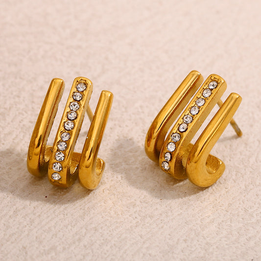 Fashionable Geometric Stainless Steel Earrings with 18K Gold Plating and Rhinestone Accents for Women