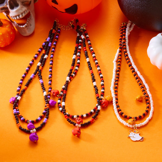 Collar con colgante de esqueleto fantasma vintage de Halloween para mujer con incrustaciones de vidrio y diseño geométrico