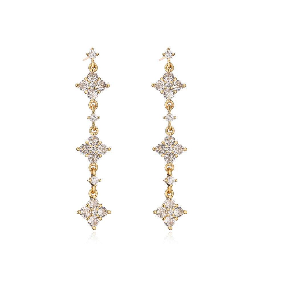 Geometric Dangle Stud Earrings for Women with Copper Base Plated in 18K Gold and Zircon Inlay