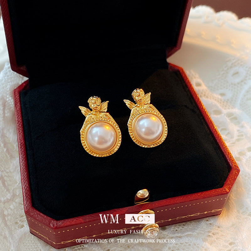 Vintage Angel Earrings for Women with Pearl Accents, Geometric Alloy Studs, Gold-Plated Stainless Steel Posts, Hypoallergenic and Fade-Resistant