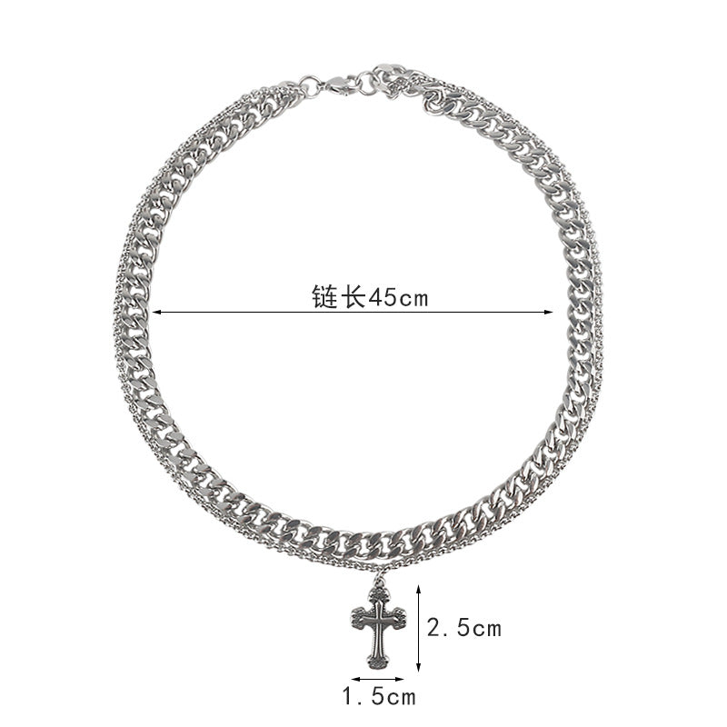 Minimalist Double-Layer Cross Pendant Necklace in Titanium Steel with Polished Finish for Men and Women