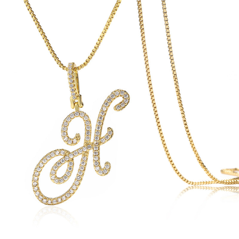 Minimalist Geometric Letter Pendant Necklace in Brass with Micro-Pavé Setting on Box Chain