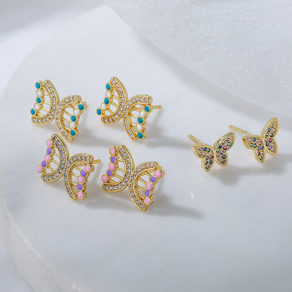 Minimalist Butterfly-Shaped Copper Earrings with 18K Gold Plating and Enamel Finish for Women