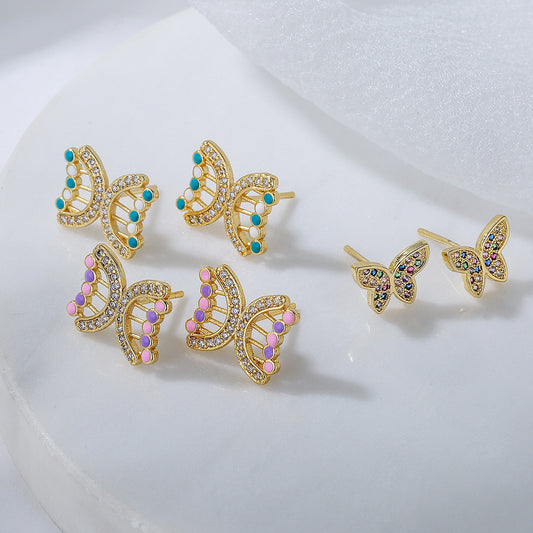 Minimalist Butterfly-Shaped Copper Earrings with 18K Gold Plating and Enamel Finish for Women