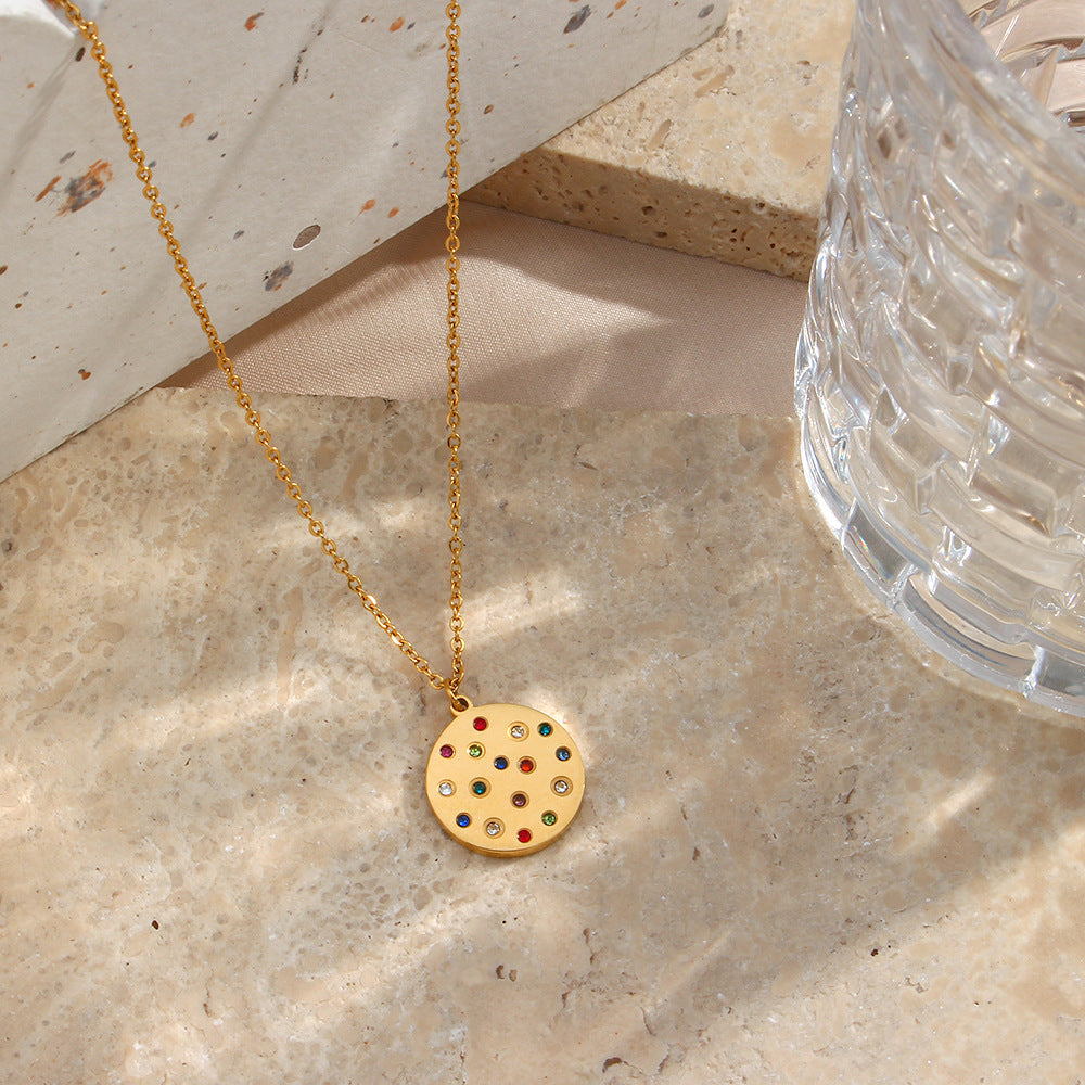 Minimalist Geometric Stainless Steel Pendant Necklace with Crystal Zirconia Round Charm for Women