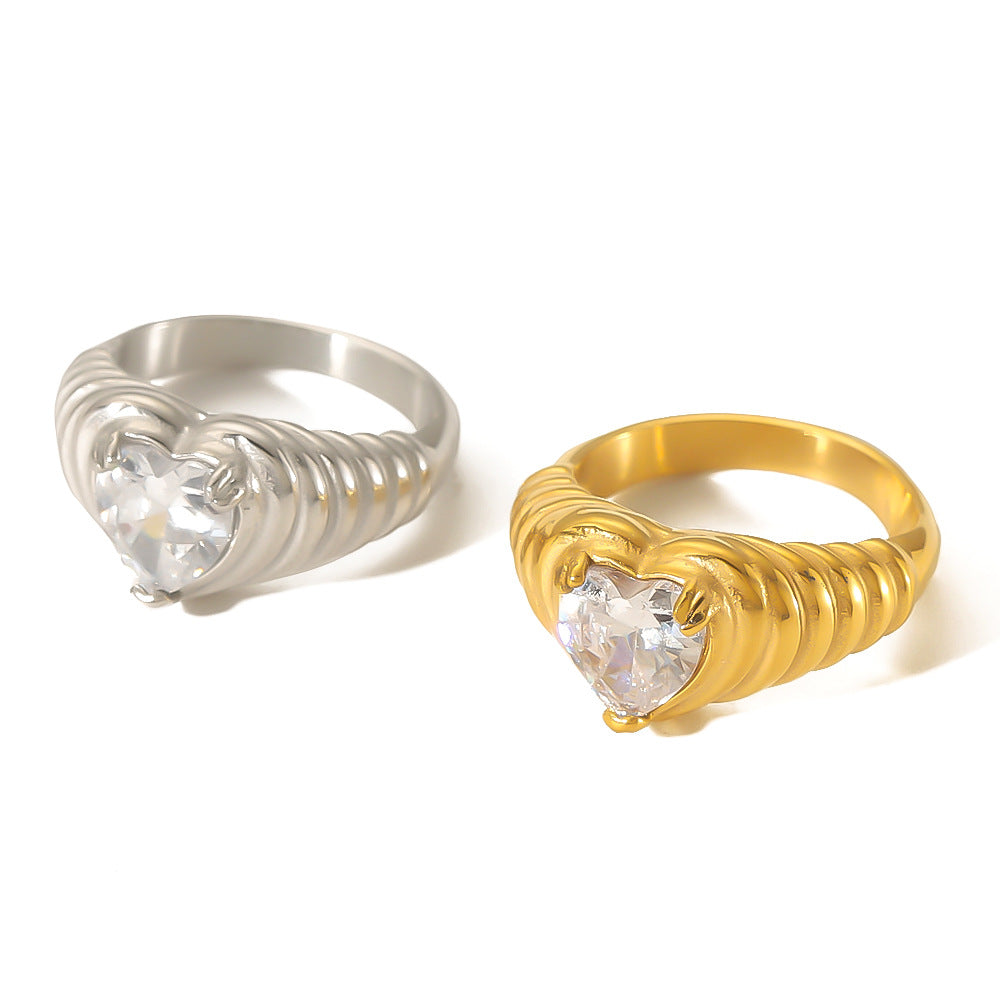 Minimalist Heart-Shaped Stainless Steel Ring with White Zirconia Inlay and 18K Gold Plating for Women
