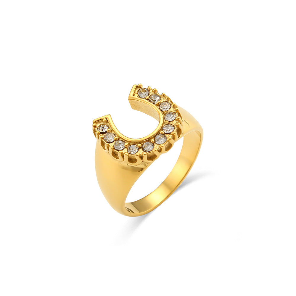 Anello da donna in acciaio inossidabile placcato oro 18K a forma di U con zircone, design geometrico e minimalista