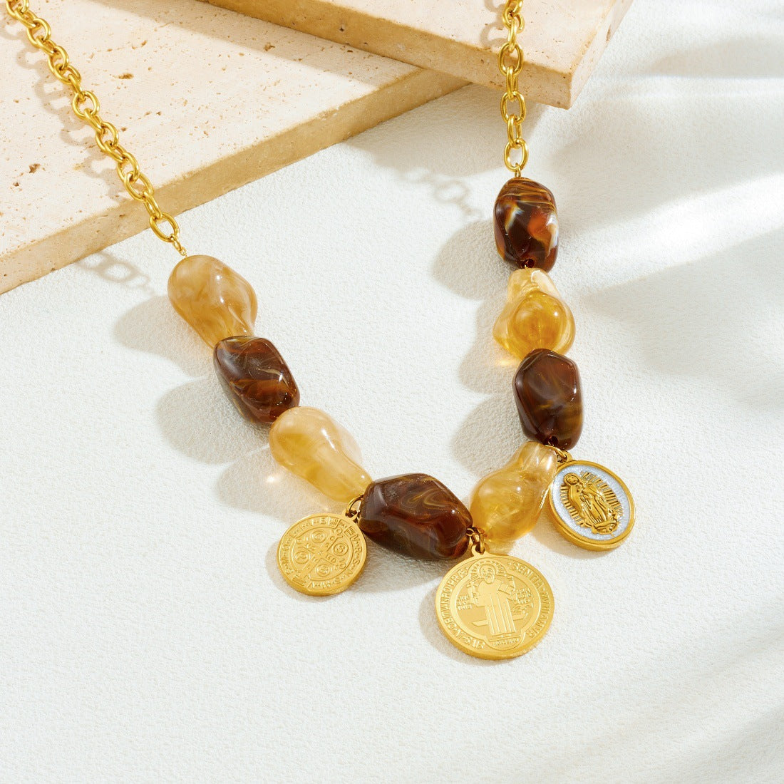 Vintage Gold Plated Stainless Steel Round Pendant Necklace and Bracelet Set with Cross and Geometric Patterns