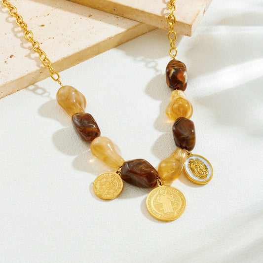 Vintage Gold Plated Stainless Steel Round Pendant Necklace and Bracelet Set with Cross and Geometric Patterns