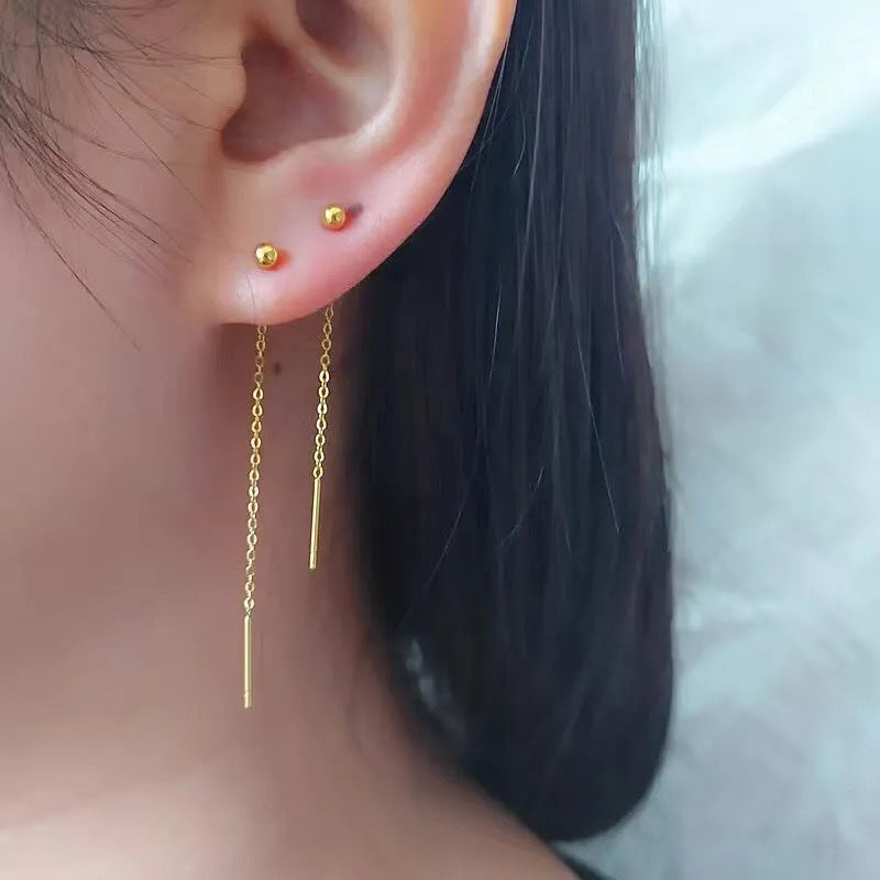 Minimalist Elegant 18K Gold Plated Titanium Steel Geometric Round Bead Long Drop Earrings for Women