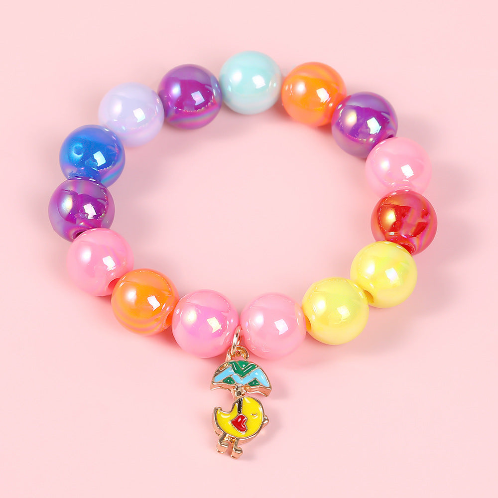 Pulsera de cuentas geométricas estilo dibujo animado para niñas con dije de esmalte en material de aleación para edades de 3 a 10+
