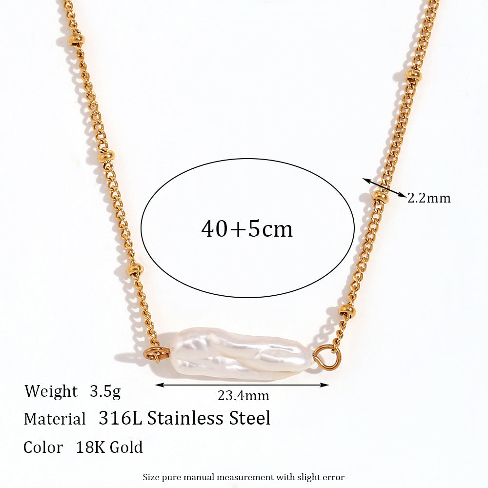 Elegant 18K Gold Plated Geometric Stainless Steel Necklace with Baroque Pearl Pendant