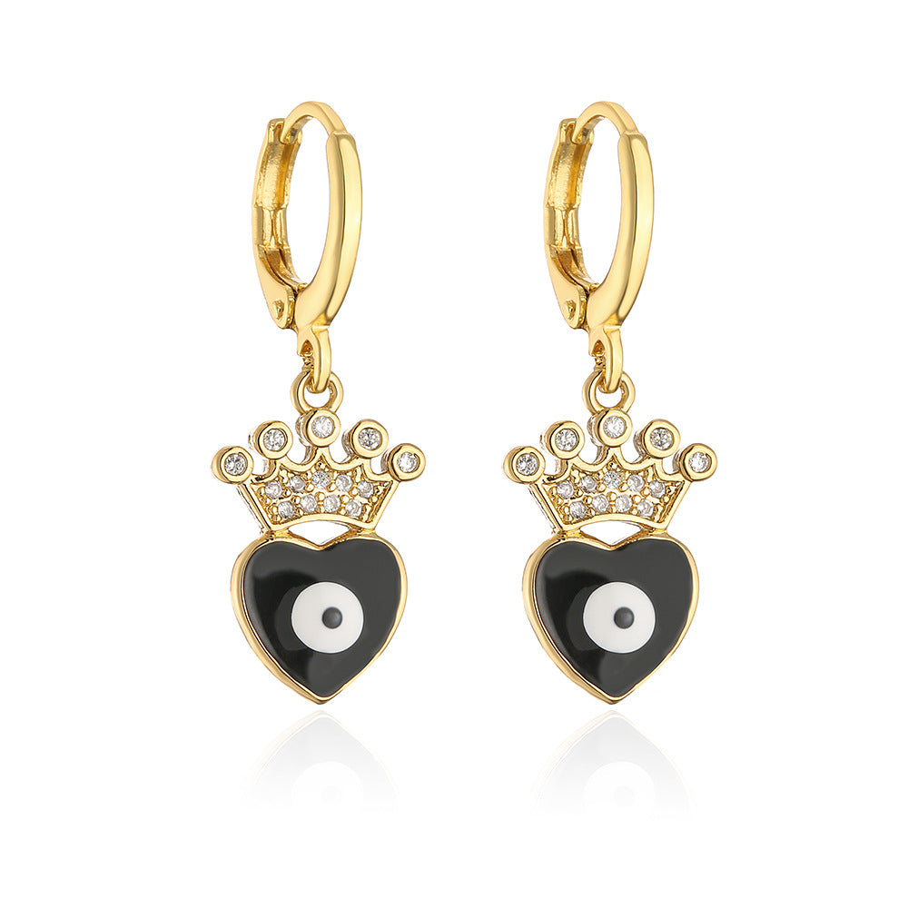 Elegant French-Style Geometric Eye and Heart Earrings for Women in Copper with Gold Plating and Enamel Finish
