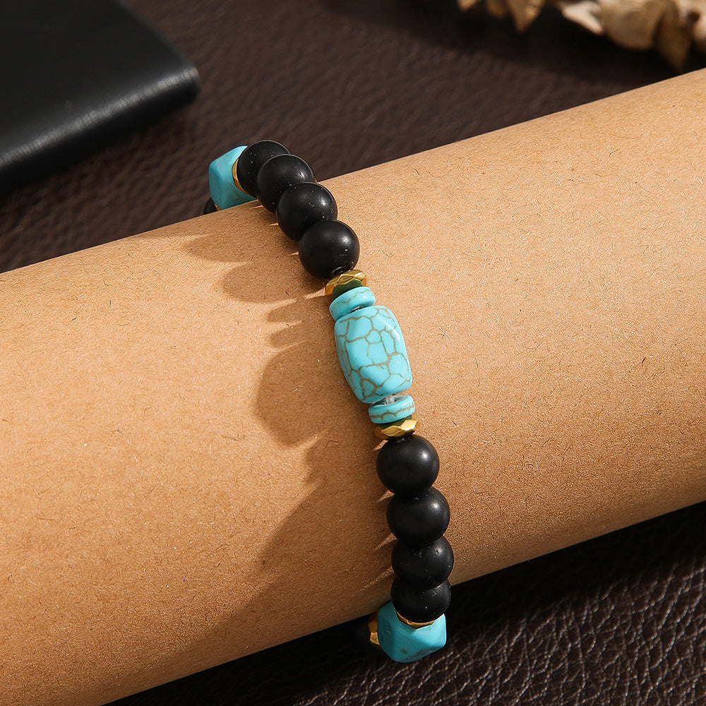Vintage Geometric Black Obsidian and Turquoise Beaded Bracelet Handmade Round Beads Unisex Jewelry