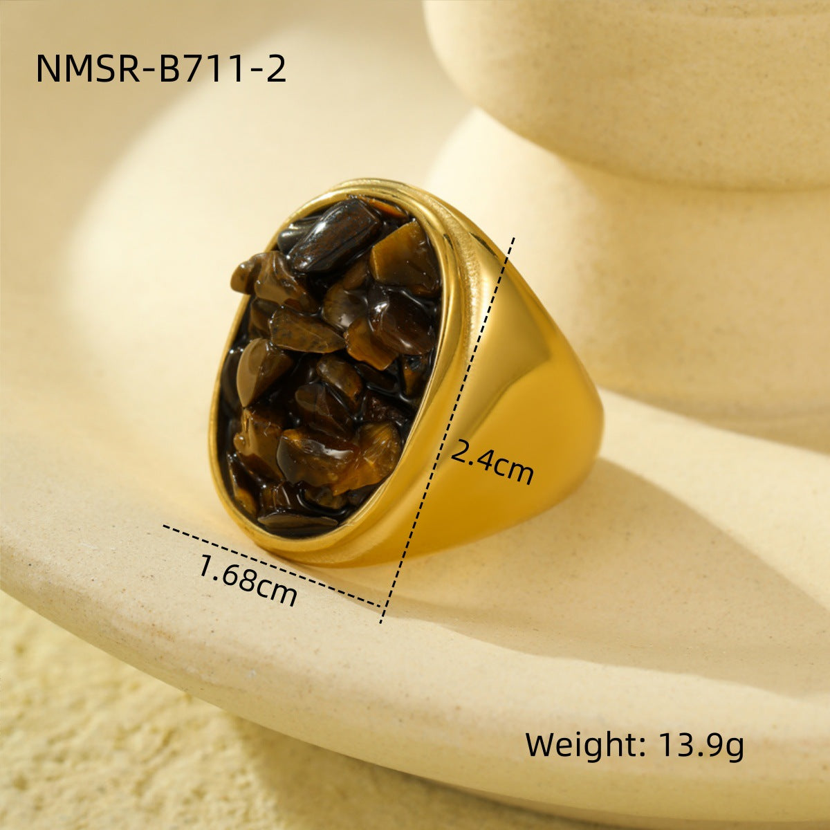 Anillo de Acero Inoxidable Geométrico Minimalista Vintage con Incrustaciones de Piedra Natural Bañado para Mujer