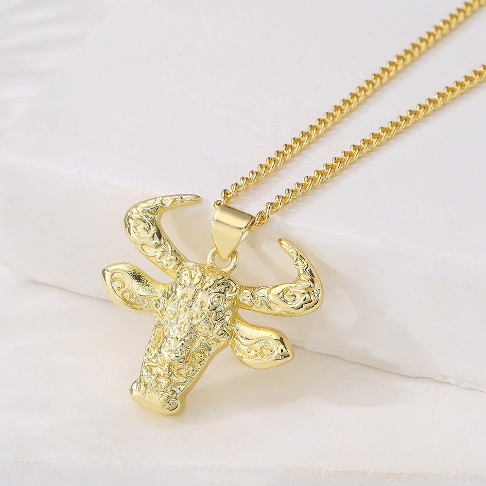 Punk Style Bull Pendant Necklace for Women with Copper Base and 18K Gold Plating, Minimalist Animal Design Locket Chain