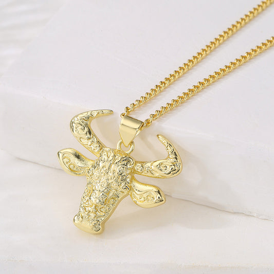 Punk Style Bull Pendant Necklace for Women with Copper Base and 18K Gold Plating, Minimalist Animal Design Locket Chain