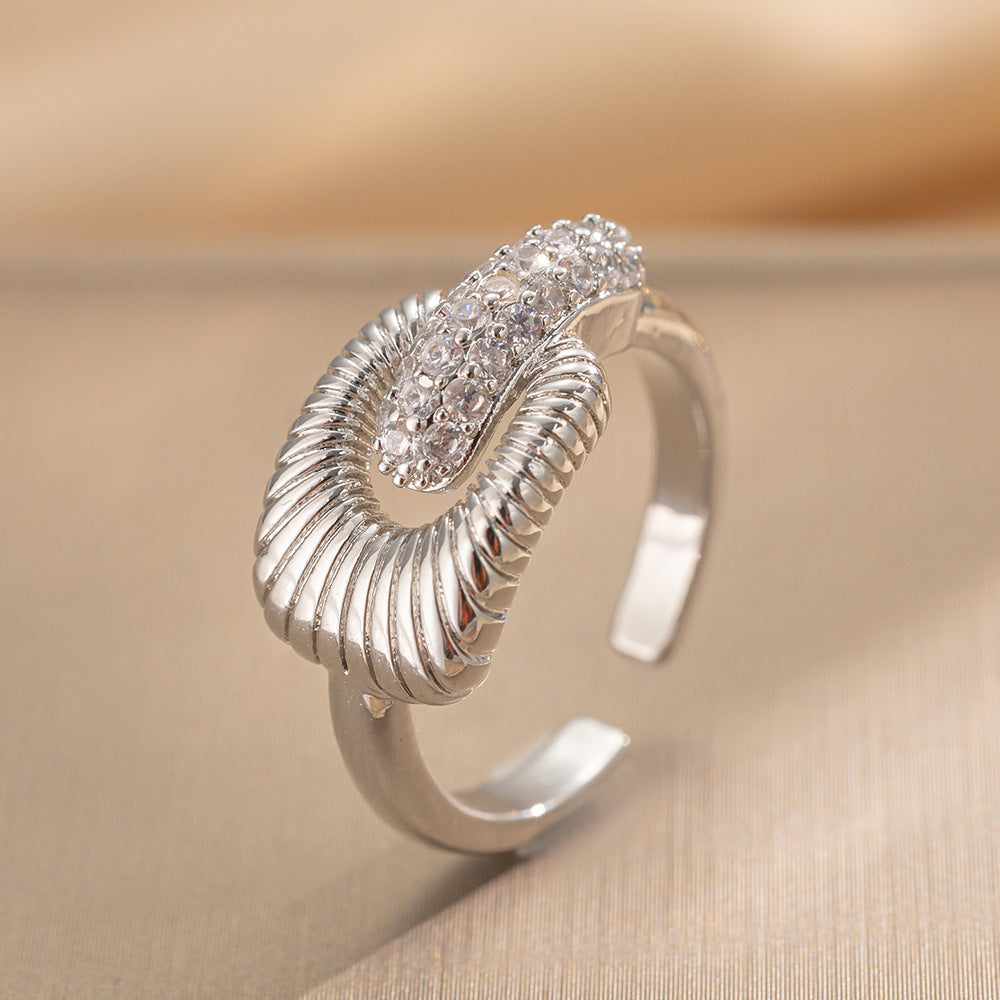 Luxury Minimalist Adjustable Open Ring for Women with Gold-Plated Copper Band and Zircon Stone Accent in Heart and Floral Shape