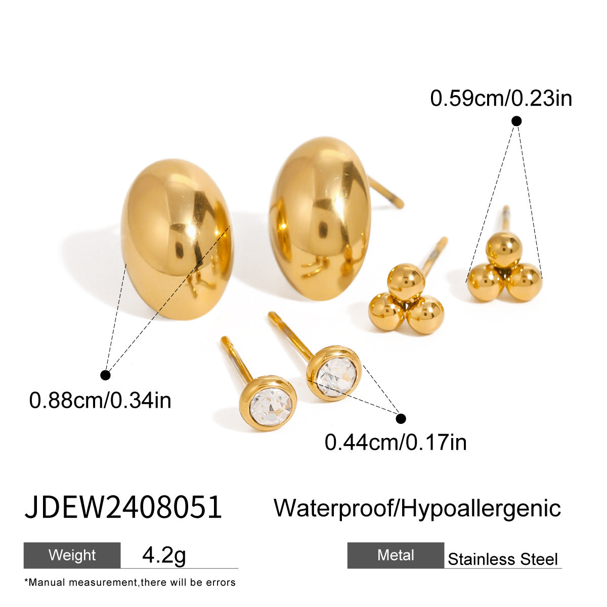 Orecchini a perno geometrici minimalisti rotondi in acciaio inossidabile con intarsio in strass e placcatura in oro 18K