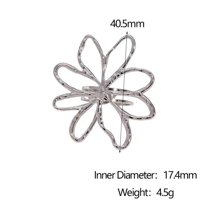 Minimalist Hollow Flower Design 18K Gold Plated Stainless Steel Open Ring for Women
