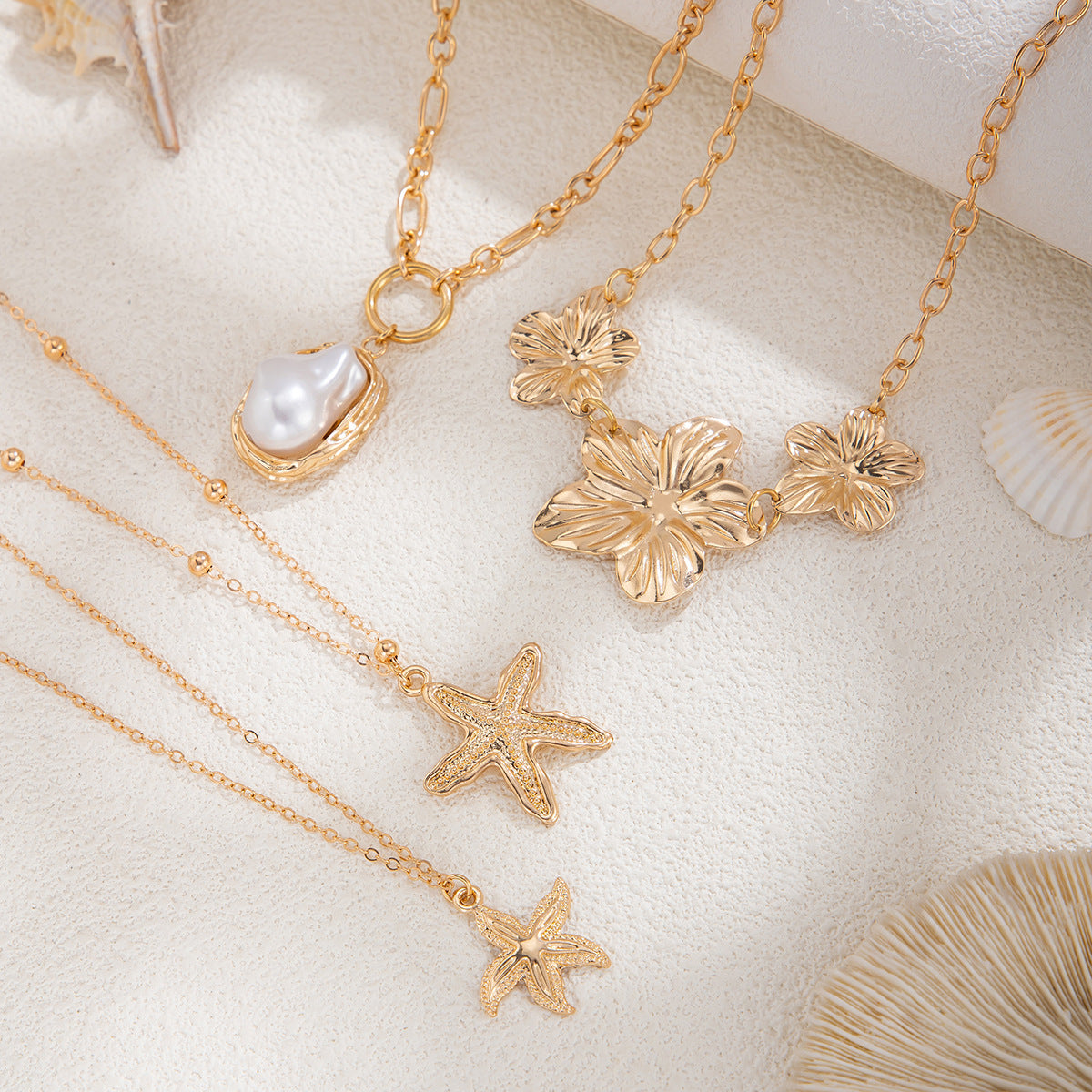 Collar de aleación con forma de flor y estrella estilo vacacional con detalles de perlas de imitación y acabado chapado para mujer