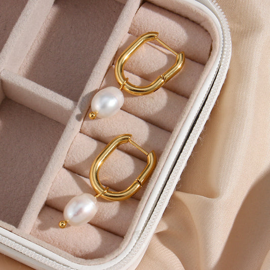 Pendientes de aro chapados en oro de 18 quilates con diseño geométrico en forma de U de acero inoxidable, estilo OL, con colgante de perla para mujer