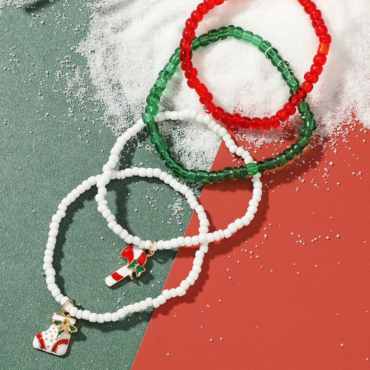Set di braccialetti natalizi fatti a mano da donna, con perline in lega e design a bastoncino e calza, motivo geometrico, regalo di Natale