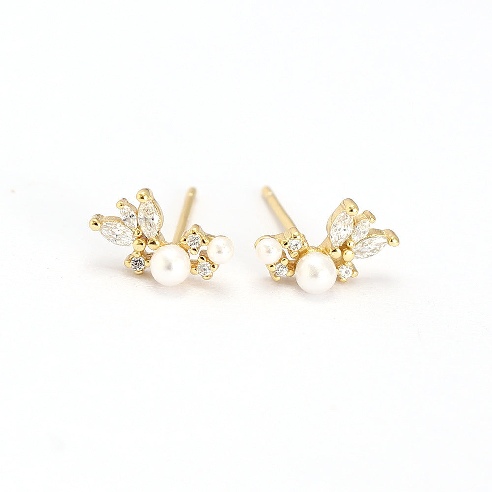 Sweet Elegant 925 Sterling Silver Geometric Round Oval Pearl Cubic Zirconia Stud Earrings for Women