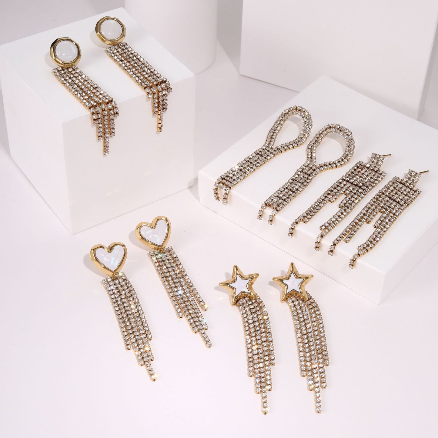 Orecchini alla moda in acciaio inossidabile a forma di cuore e stella con strass e nappe, gioielli di lusso placcati ipoallergenici per donna