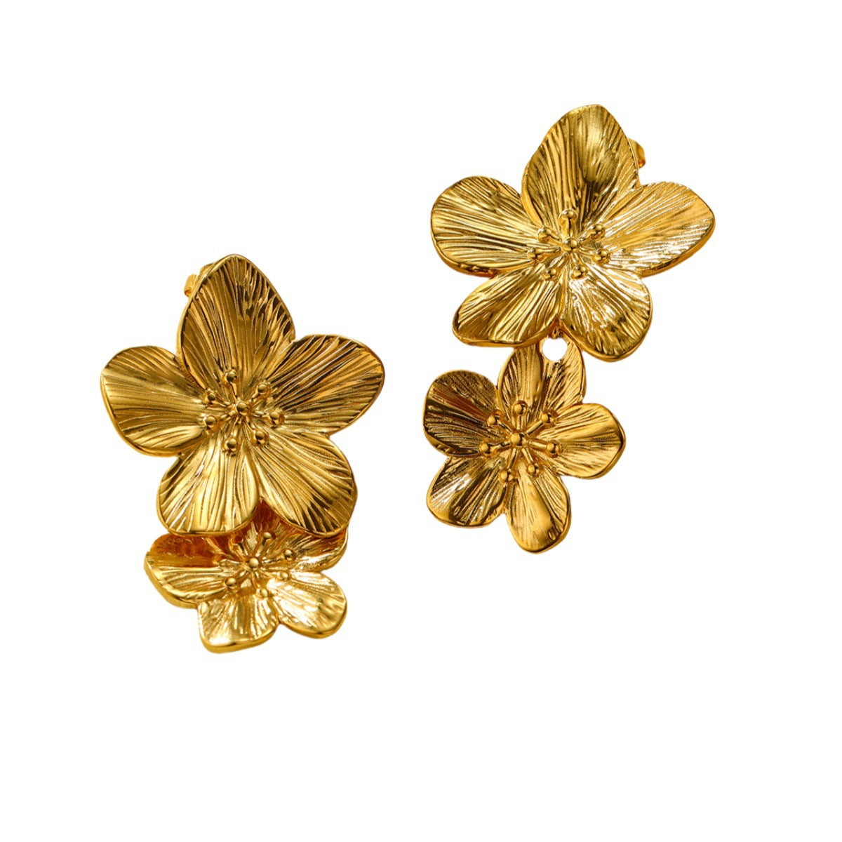 Pendientes colgantes de pétalos chapados en oro de acero inoxidable estilo palacio francés vintage para mujer