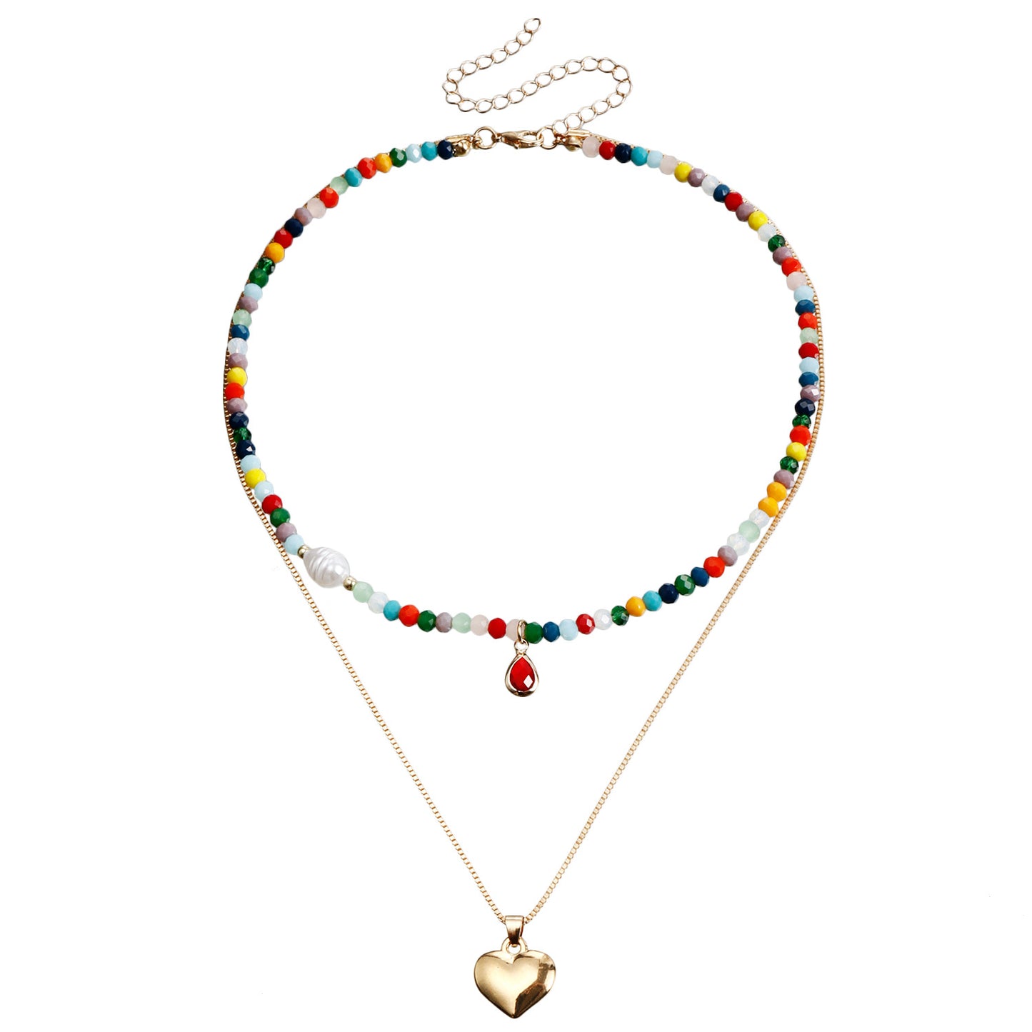 Bohemian Multi-Layer Beaded Necklace with Geometric Shape Alloy Pendant, Electroplated Finish, Fashionable Clavicle Chain for Women