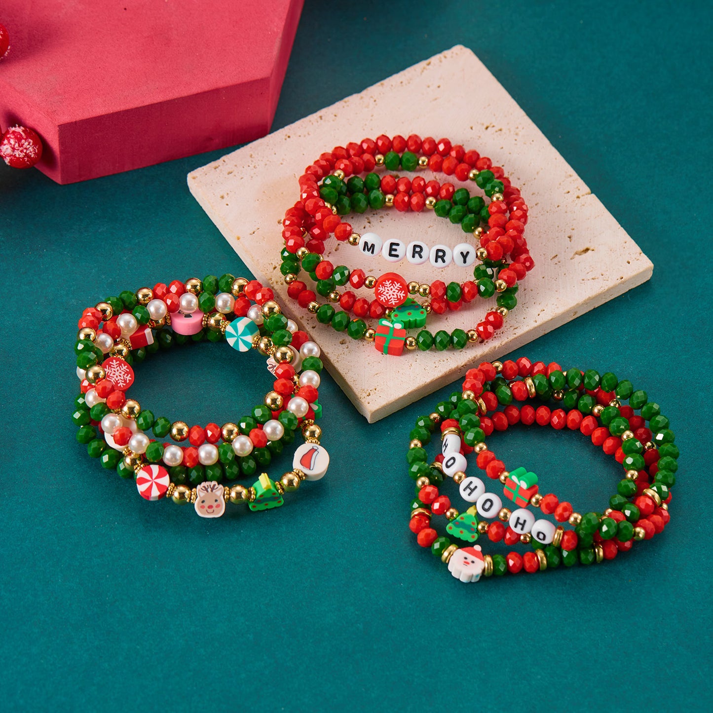 Christmas-Themed Geometric Beaded Bracelet Set for Women with Snowflake Reindeer and Jingle Bell Charms Crystal and Acrylic Handmade Fashion Bracelets