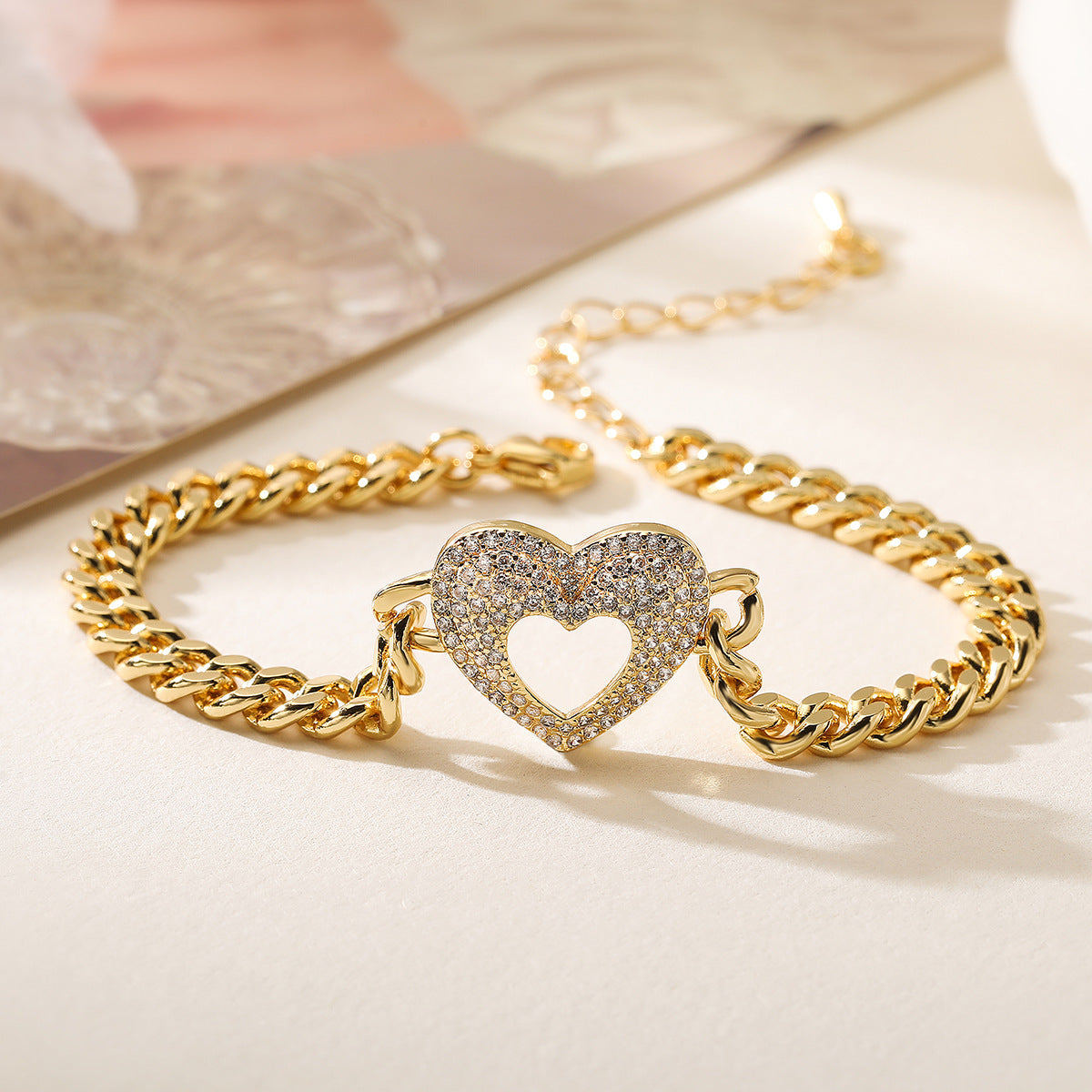 Fashionable Heart-Shaped Copper Bracelet with 18K Gold Plating and Zircon Accents for Women