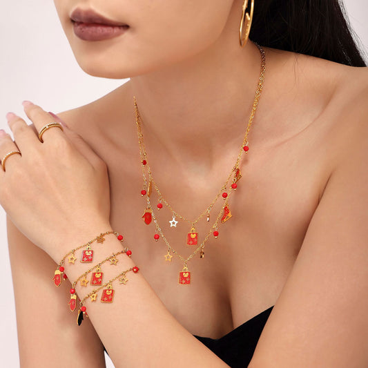 Set collana e bracciale con ciondolo a ruota panoramica di lusso smaltato in acciaio inossidabile con placcatura PVD in oro 18 carati da donna